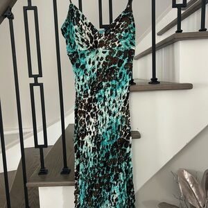 Elegant Animal Print Maxi Dress in Teal and Brown
